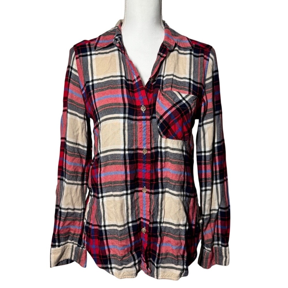 American Eagle Outfitters Boyfriend Fit Plaid Button-Down S Red Blue Flannel